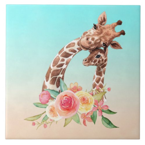 Cute Giraffe Watercolor Mom  Baby Ceramic Tile