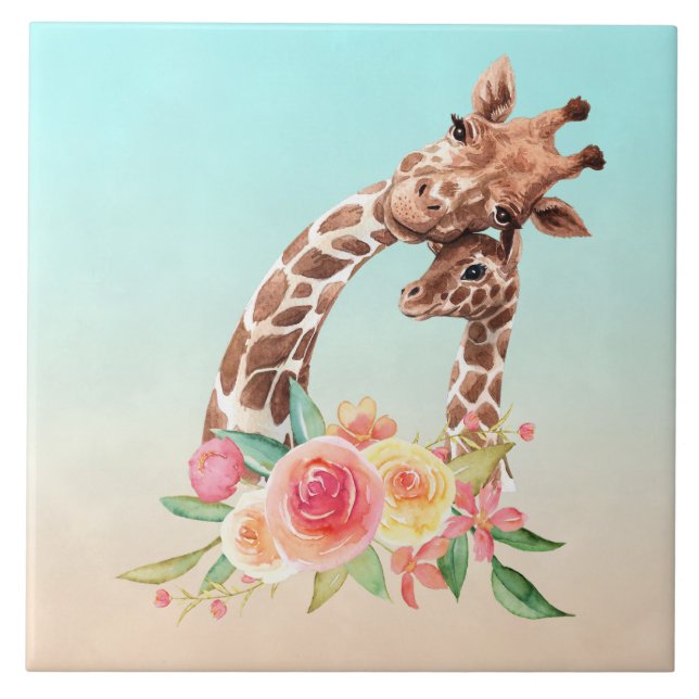 Cute Giraffe Watercolor Mom & Baby Ceramic Tile (Front)