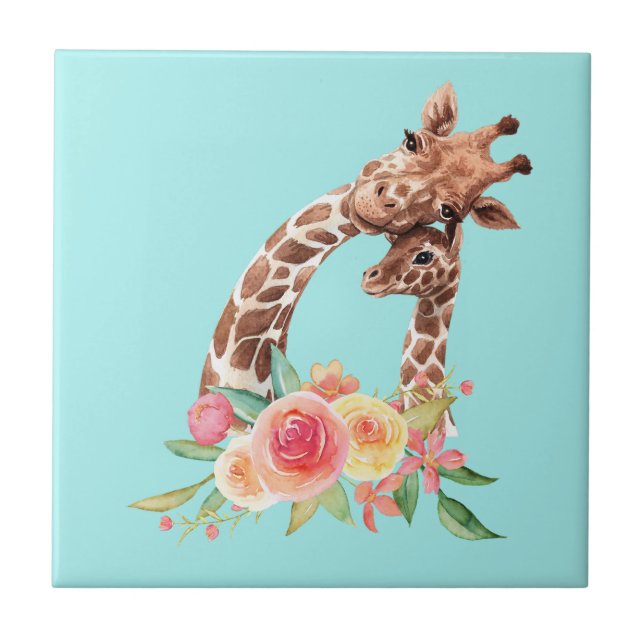 Cute Giraffe Watercolor Mom & Baby Ceramic Tile (Front)