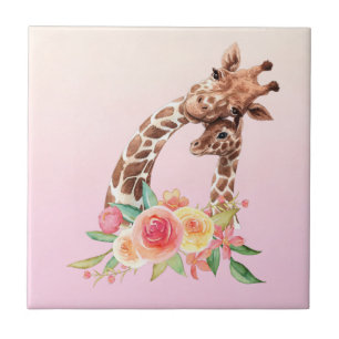 Cute Giraffe Watercolor Mom & Baby Ceramic Tile
