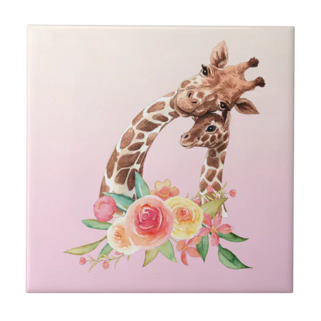 Cute Giraffe Watercolor Mom & Baby Ceramic Tile | Zazzle