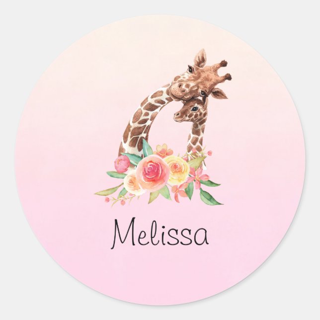 Cute Giraffe Watercolor Mom & Baby Classic Round Sticker (Front)
