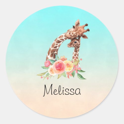 Cute Giraffe Watercolor Mom  Baby Classic Round Sticker