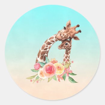 Cute Giraffe Watercolor Mom & Baby Classic Round Sticker by Mirribug at Zazzle