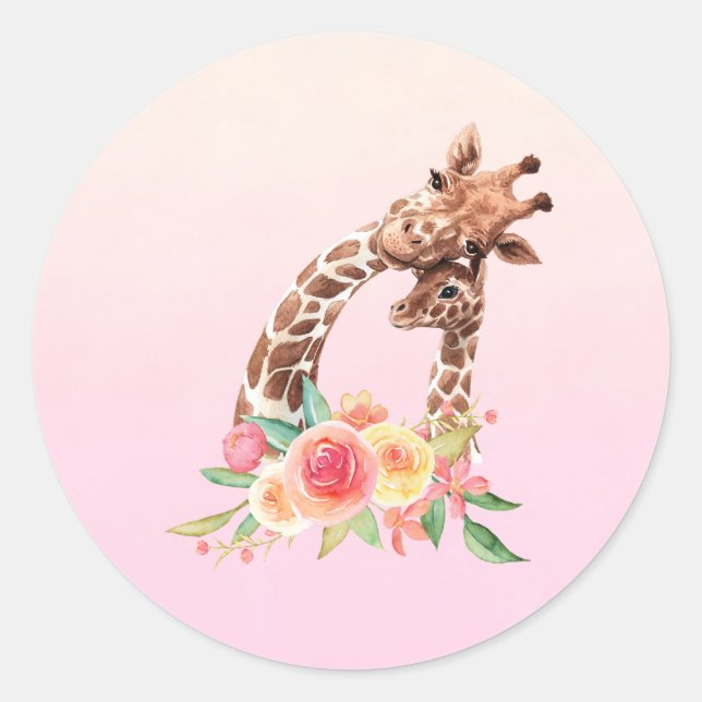 Cute Giraffe Watercolor Mom & Baby Classic Round Sticker (Front)