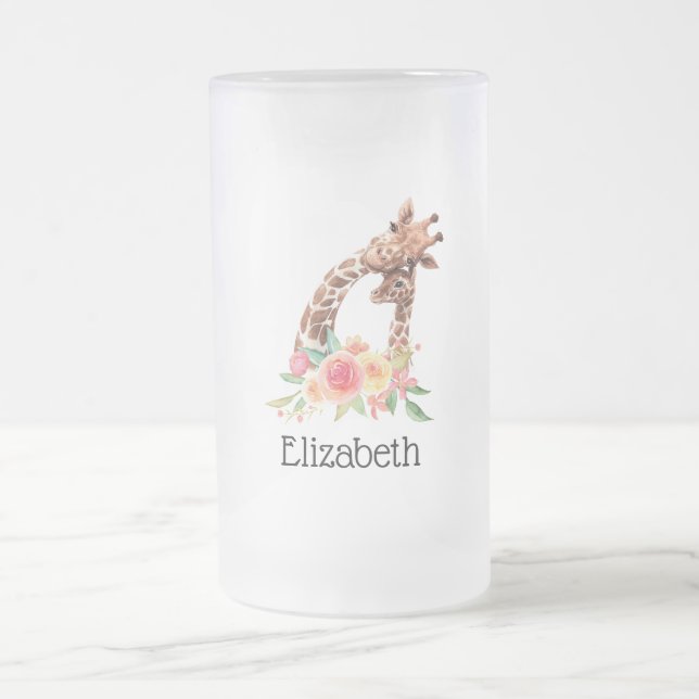 Cute Giraffe Watercolor Mom & Baby Frosted Glass Beer Mug (Center)