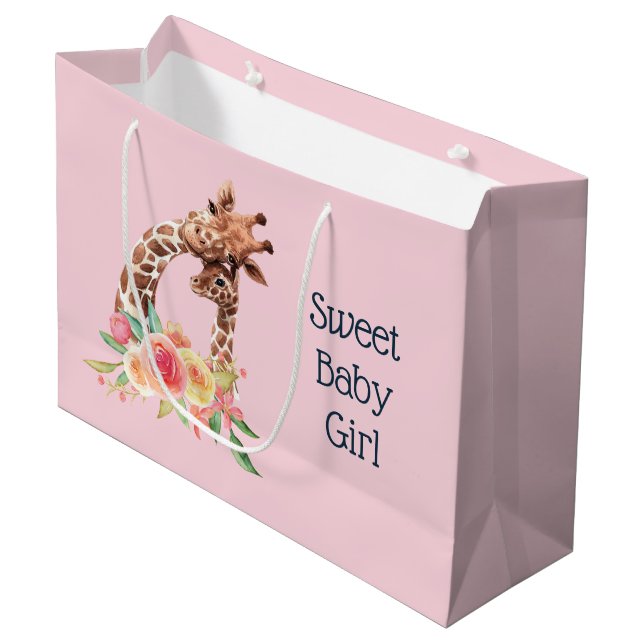 Cute Giraffe Watercolor Mom & Baby Girl Large Gift Bag (Front Angled)