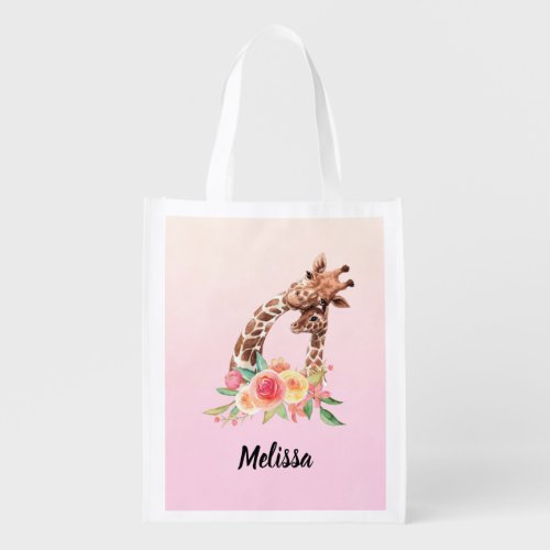 Cute Giraffe Watercolor Mom  Baby Grocery Bag