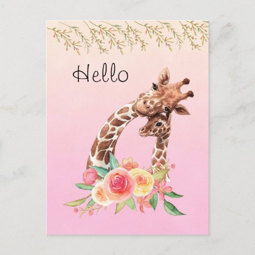 Cute Giraffe Watercolor Mom  Baby Hello Postcard