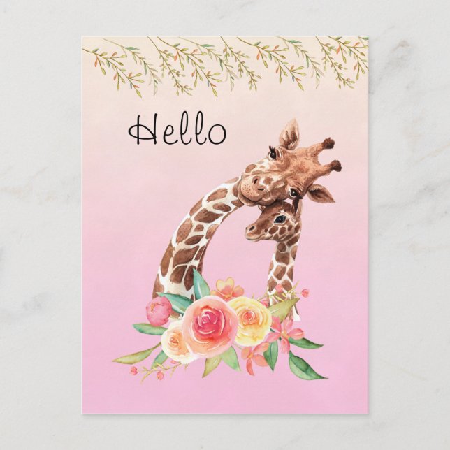 Cute Giraffe Watercolor Mom & Baby Hello Postcard (Front)