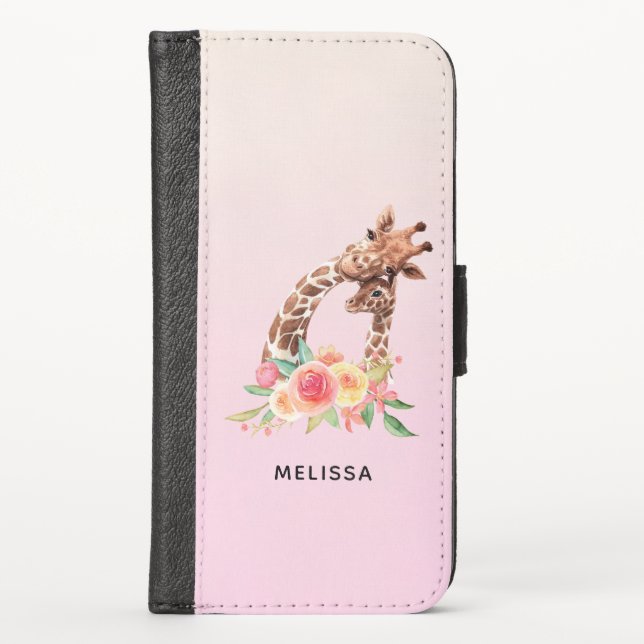 Cute Giraffe Watercolor Mom & Baby iPhone Wallet Case (Front)