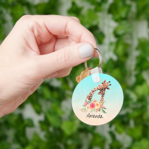 Cute Giraffe Watercolor Mom  Baby Keychain