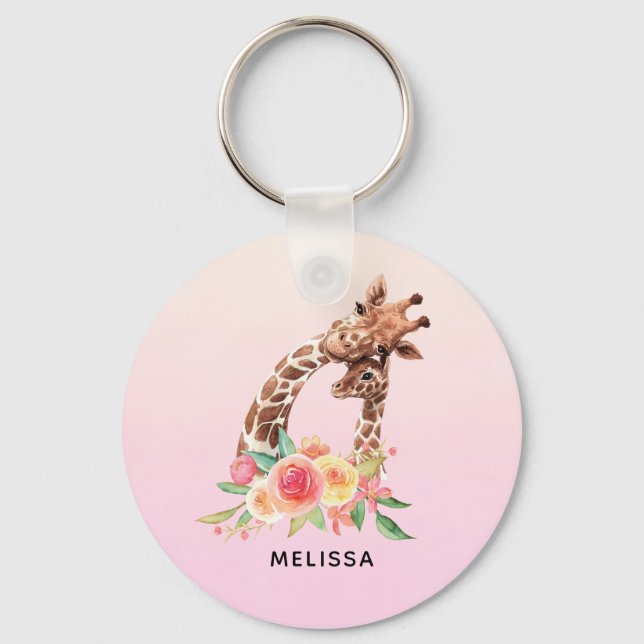 Cute Giraffe Watercolor Mom & Baby Keychain (Front)