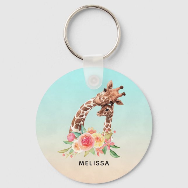 Cute Giraffe Watercolor Mom & Baby Keychain (Front)