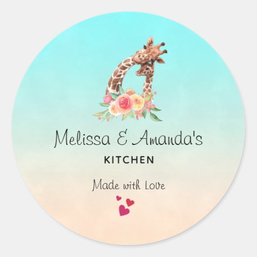 Cute Giraffe Watercolor Mom  Baby Kitchen Classic Round Sticker