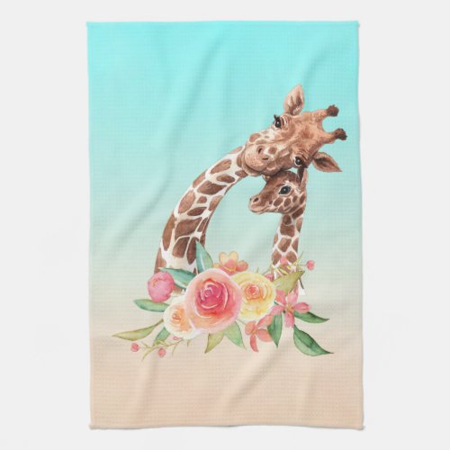 Cute Giraffe Watercolor Mom  Baby Kitchen Towel