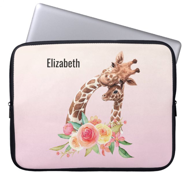 Cute Giraffe Watercolor Mom & Baby Laptop Sleeve (Front)