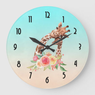 Cute Giraffe Watercolor Mom & Baby Large Clock