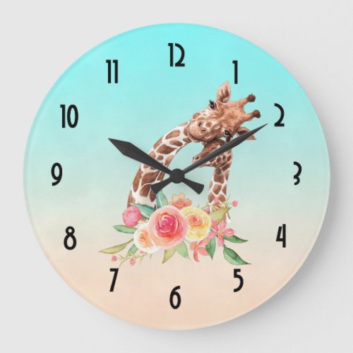 Cute Giraffe Watercolor Mom  Baby Large Clock