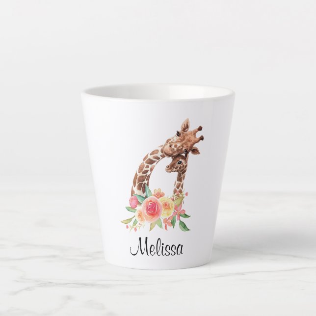 Cute Giraffe Watercolor Mom & Baby Latte Mug (Front)