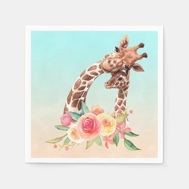 Cute Giraffe Watercolor Mom & Baby Napkins (Front)