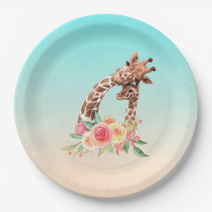 Cute Giraffe Watercolor Mom & Baby Paper Plates