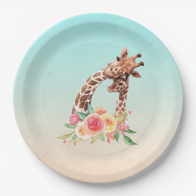 Cute Giraffe Watercolor Mom & Baby Paper Plates (Front)