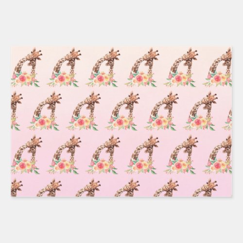 Cute Giraffe Watercolor Mom  Baby Pattern Wrapping Paper Sheets