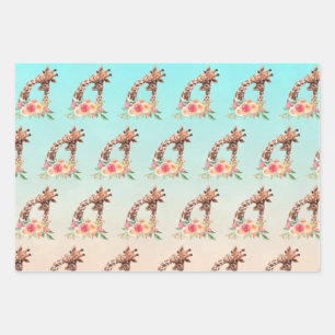 Cute Giraffe Watercolor Mom & Baby Pattern Wrapping Paper Sheets