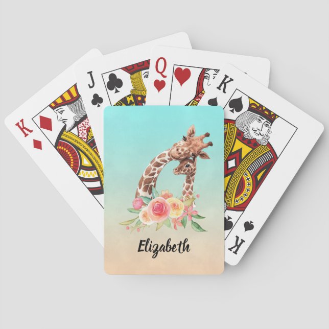 Cute Giraffe Watercolor Mom & Baby Poker Cards (Back)