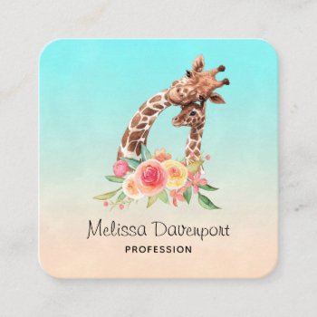 Cute Giraffe Watercolor Mom & Baby Square Business Card by Mirribug at Zazzle
