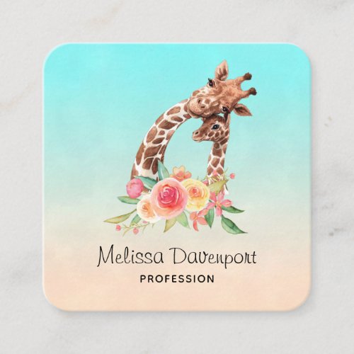 Cute Giraffe Watercolor Mom  Baby Square Business Card