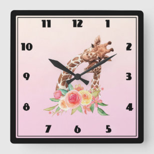 Cute Giraffe Watercolor Mom & Baby Square Wall Clock