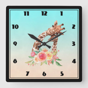 Cute Giraffe Watercolor Mom & Baby Square Wall Clock