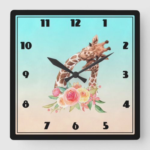 Cute Giraffe Watercolor Mom  Baby Square Wall Clock