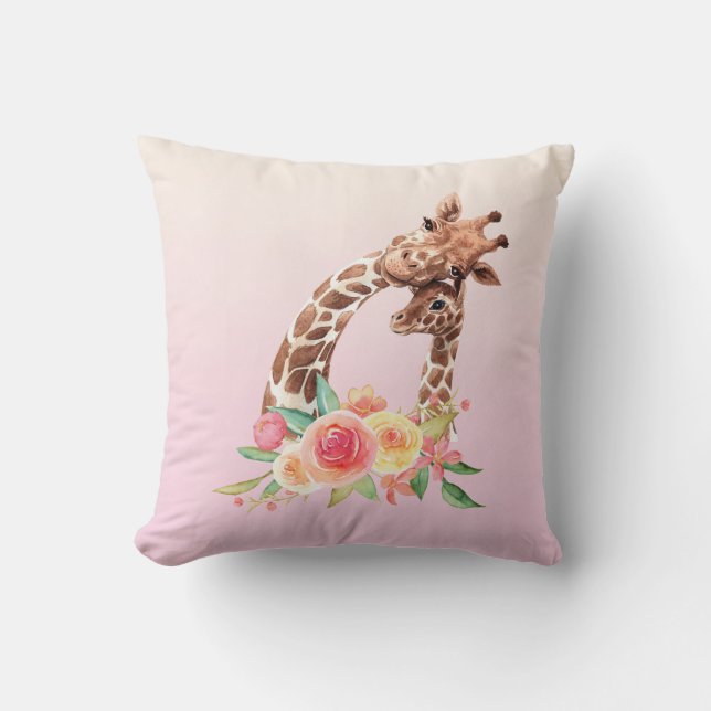 Cute Giraffe Watercolor Mom & Baby Throw Pillow (Front)