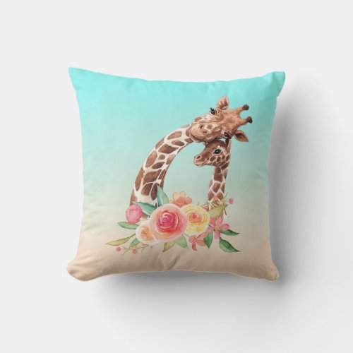 Cute Giraffe Watercolor Mom  Baby Throw Pillow