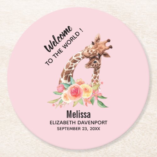 Cute Giraffe Watercolor Mom  New Baby Round Paper Coaster