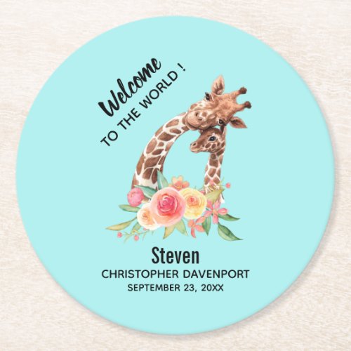 Cute Giraffe Watercolor Mom  New Baby Round Paper Coaster