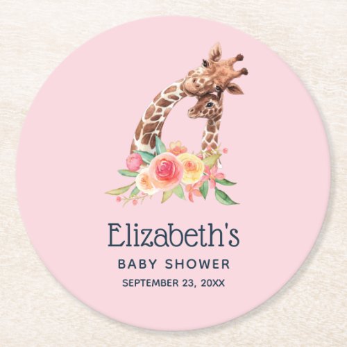 Cute Giraffe Watercolor Mom  New Baby Shower Round Paper Coaster