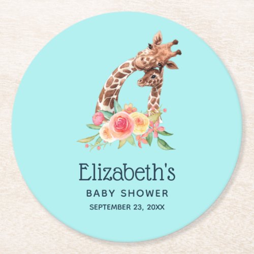 Cute Giraffe Watercolor Mom  New Baby Shower Round Paper Coaster