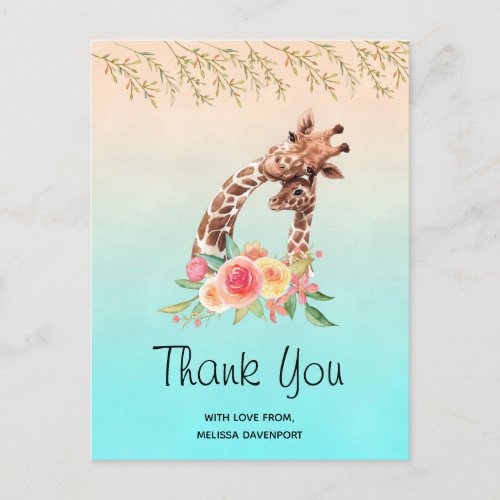 Cute Giraffe Watercolor Thank You Postcard