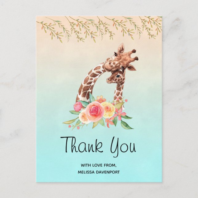 Cute Giraffe Watercolor Thank You Postcard (Front)