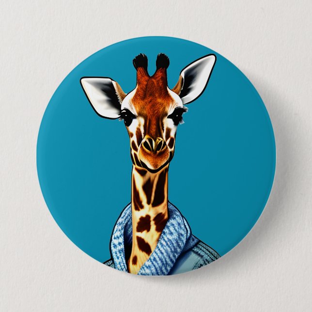 Cute Giraffe Wearing a Denim Jacket Button (Front)