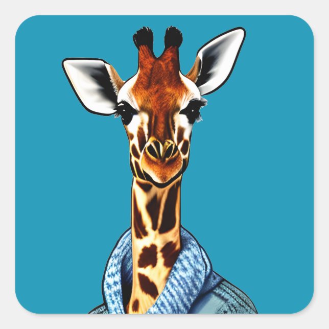 Cute Giraffe Wearing a Denim Jacket Square Sticker (Front)