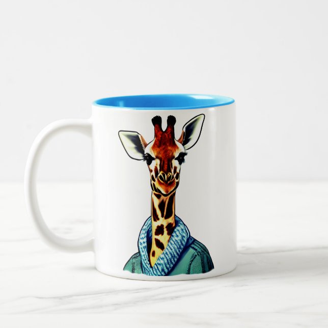 Cute Giraffe Wearing a Denim Jacket Two-Tone Coffee Mug (Left)