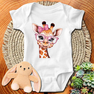 Cute Giraffe Wearing Croquette Bow and Glasses Baby Bodysuit