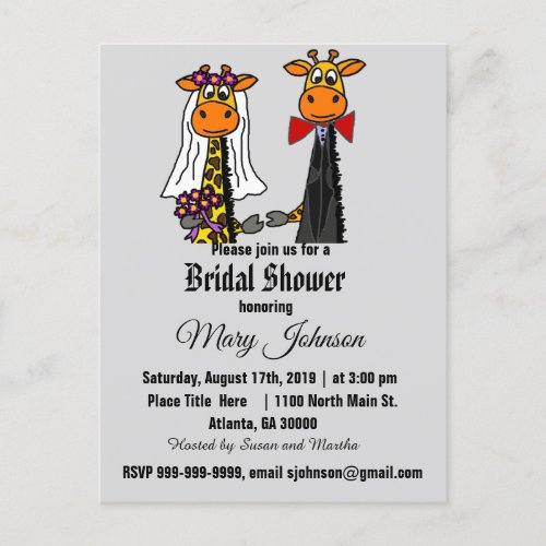 Cute Giraffe Wedding Cartoon Invitation Postcard