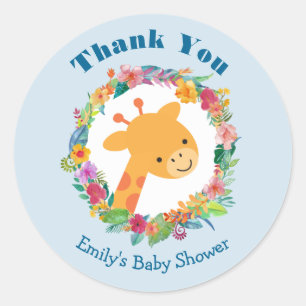 Cute Giraffe with a Floral Wreath Baby Shower Classic Round Sticker