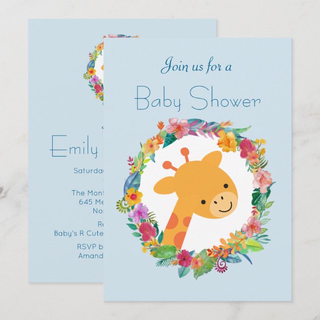 Cute Giraffe with a Floral Wreath Baby Shower Invitation (Front/Back)